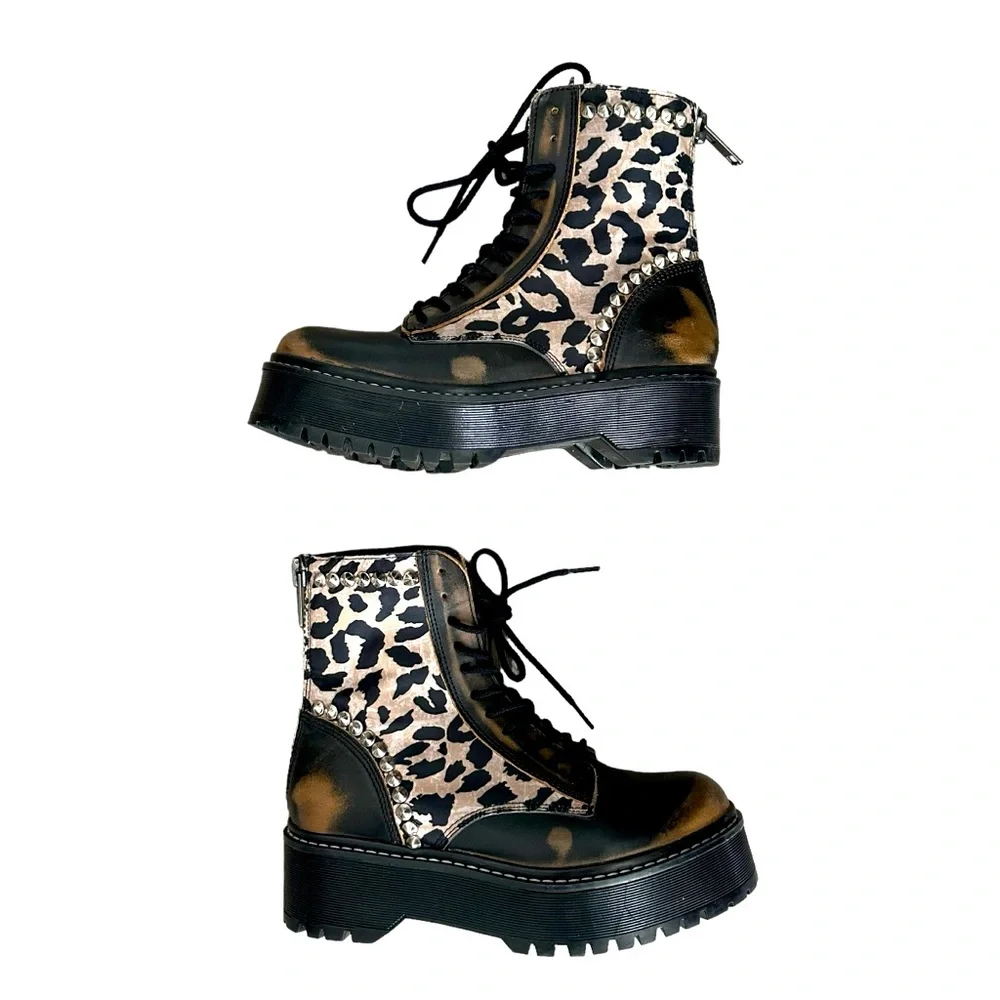 Steve Madden Leather Leopard Studded Moto Combat Boots EUC - Picture 2 of 16